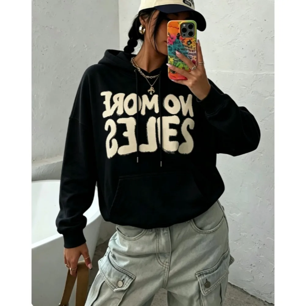 No More Rules Reverse Letter Graphic Hoodie Women Long Sleeve Drawstring Pocket Hooded Sweatshirt Graffiti Slogan Print Loose