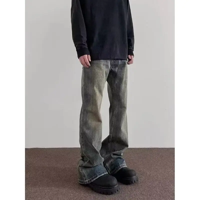 

2025 American Style High Street Dirty Fit Distressed Jeans Trendy Straight Leg Micro Flared Slimming Pants Men Women