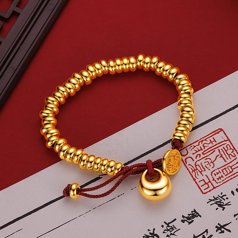 

New Chinese 9999 24K real gold smooth gold Tuo Tuo peace joy coil red rope bracelet live hot simple jewelry