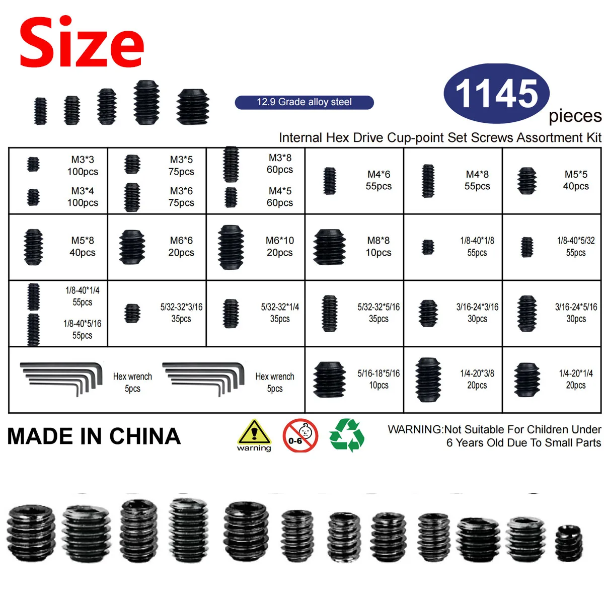 1145Pcs Carbon Steel Set Screw Assortment Kit Head Socket Hex Drive Cup Point Grub Screws Set Headless Allen Head Grub Screw Nut