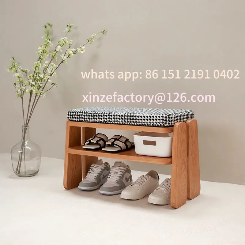 مقعد تغيير الأحذية من الخشب الصلب قابل للتخصيص، مدخل باب المنزل، حقيبة ناعمة منخفضة، خزانة وسادة مقعد، حافة متكاملة، عدد قليل من الرفوف #3