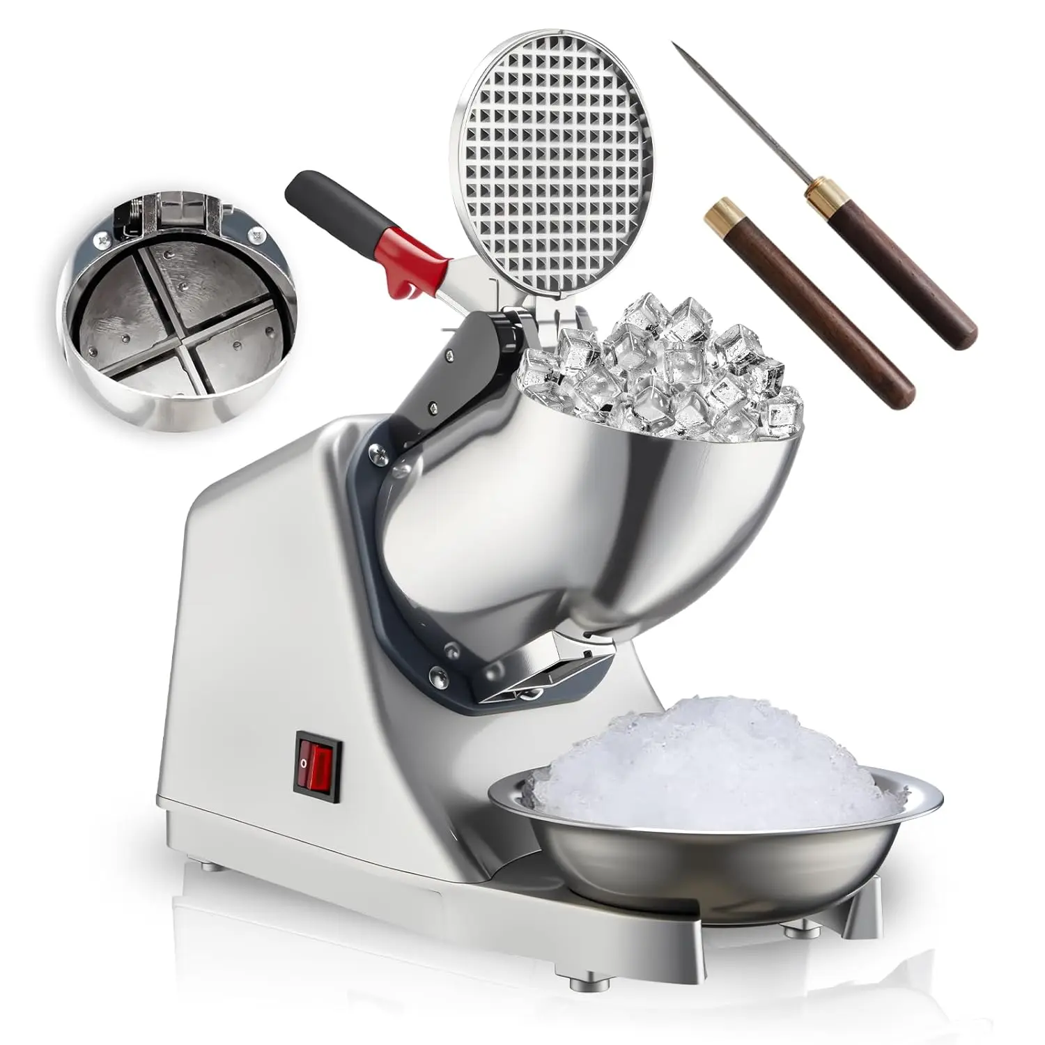 

300W Electric Ice Shaver, 143lbs/hr, Stainless Steel Blades, Free Ice Pick & Tray