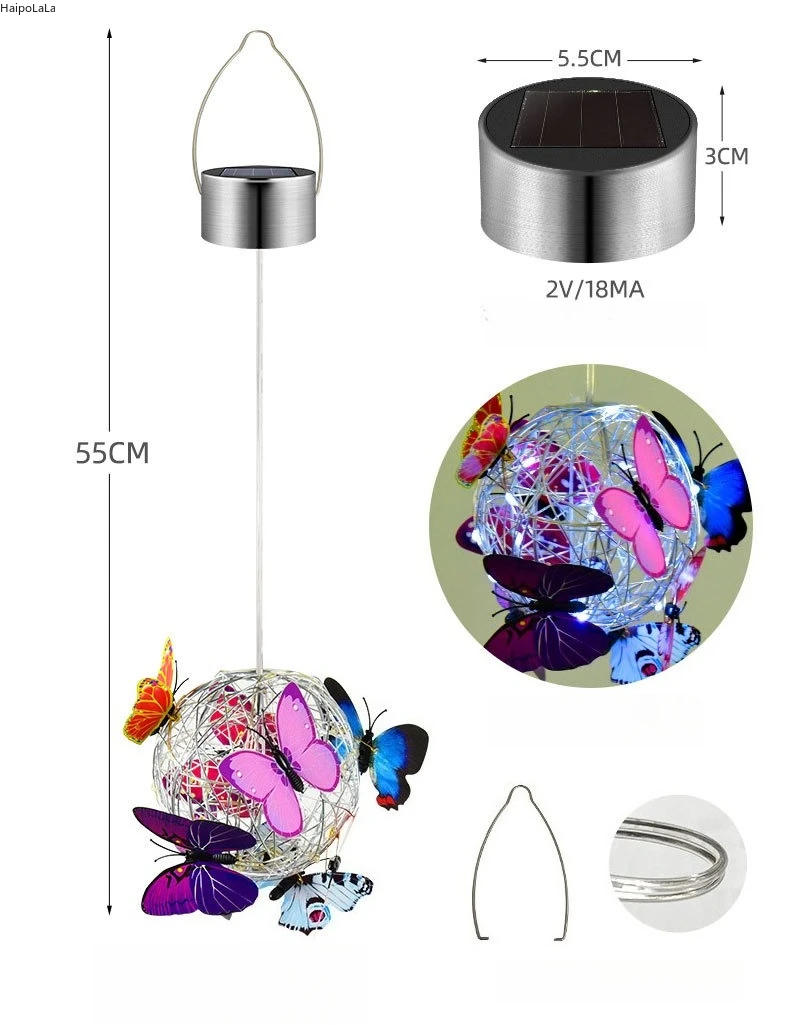 في الهواء الطلق مصباح للطاقة الشمسية حديقة فراشة ضوء ديكور المنزل ضوء الليل قلادة مقاوم للماء فراشة كرة مستديرة ضوء سبيكة الكرة #2