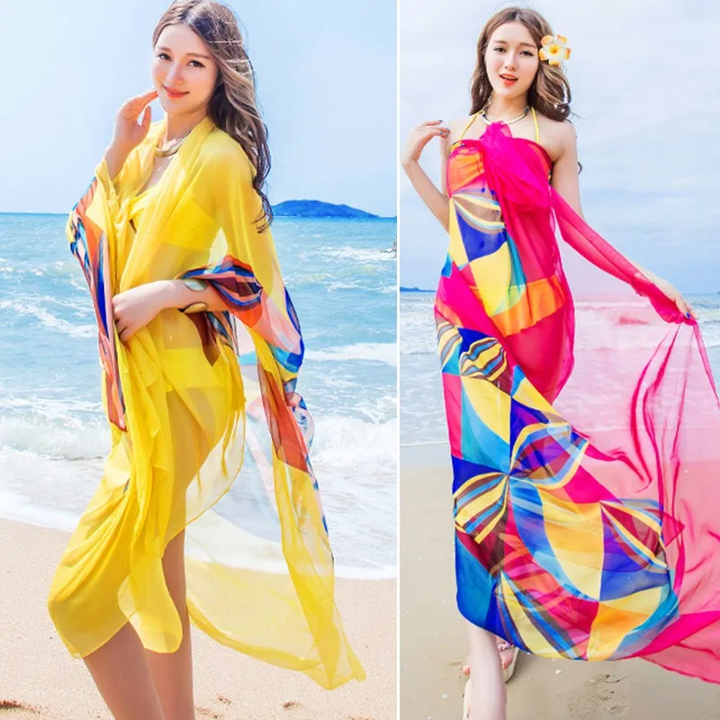 Women Beach Sarongs Scarf Beach Cover Up Summer Chiffon Scarves Geometrical Design Plus Size Towel Ladies Summer Beachwear