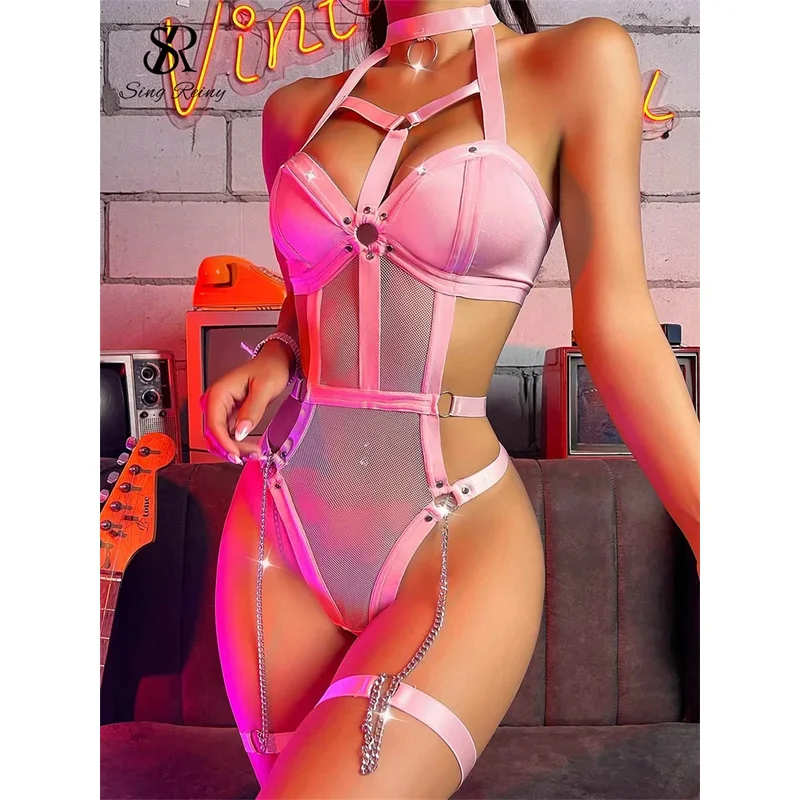 

SINGREINY Women Club Halter Eroitc Bodysuits Straps Mesh Spliced Corset Rompers Hollow Out Lingerie Female Slim Sexy Playsuits