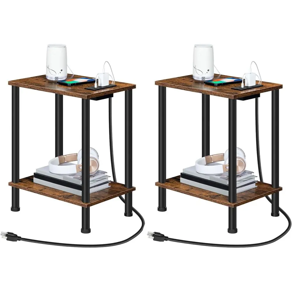 

Side Table with Charging Station, Set o 2 End Tables with USB Port and Outlets, Nightstand with 2-Layer Storage Shelves or Small