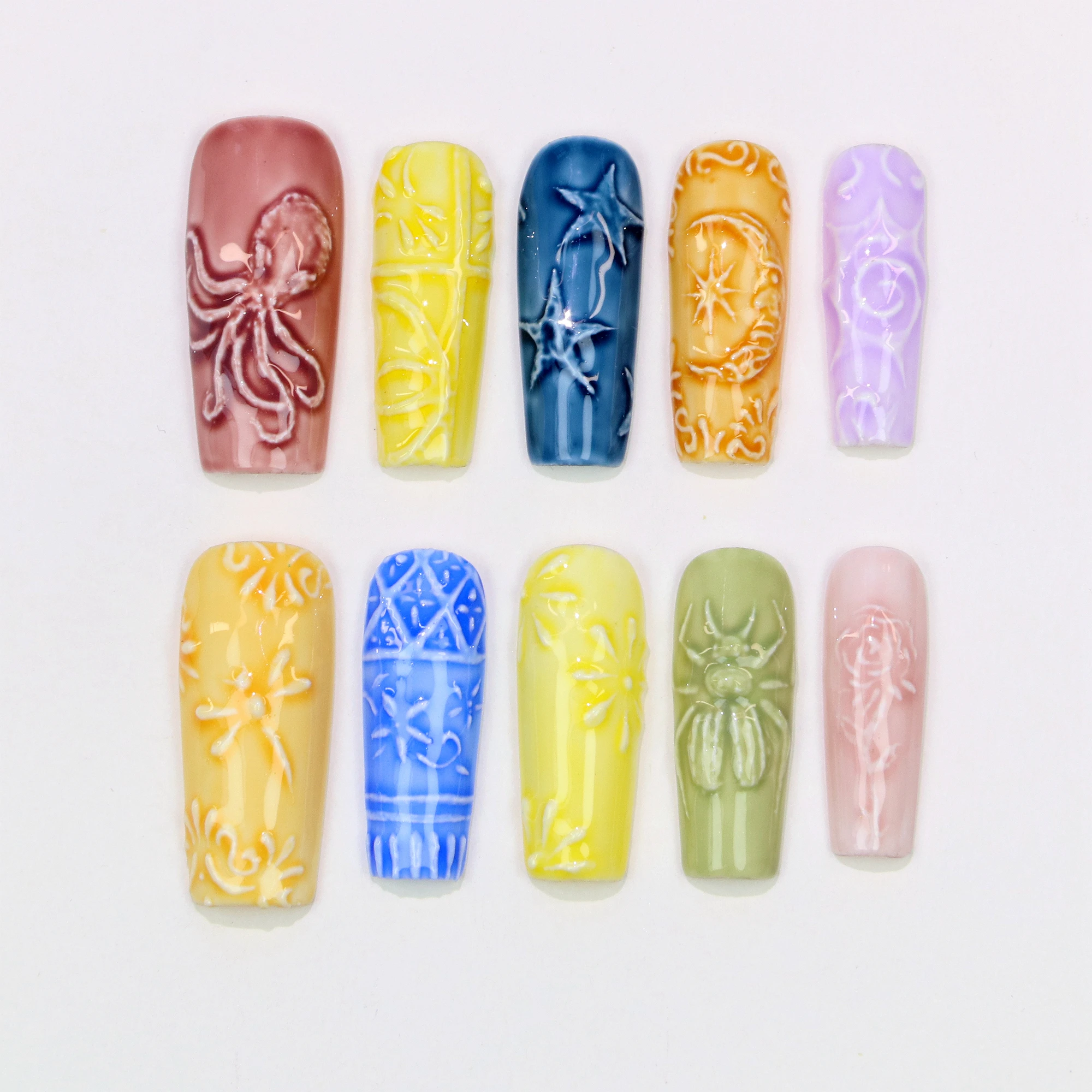 10Pcs Y2K 3D beautiful handmade Manicure Press On Nails,Acrylic Fake Handpainted Long Coffin Flowers Custom Design Holiday Nail