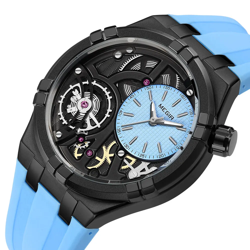 MEGIR Sport Watch Men Fashion Military Sport Waterproof Luminous Simple Analog Wristwatch with Blue Silicone Strap MN8111Blue