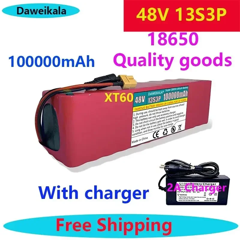 

48V New100Ah 1000w 13S3P XT60 48V Lithium-ion Battery Pack 100000mah for 54.6v E-bike Electric Bicycle Scooter with BMS+charger