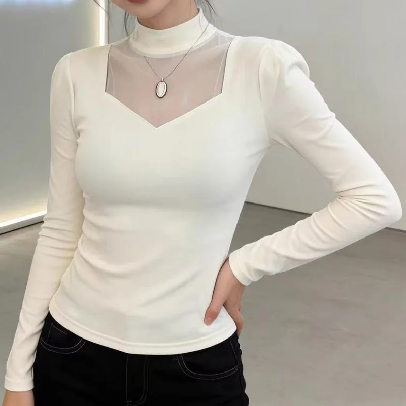 Damen Frühling Halbhoher Kragen Langarm T-Shirt mit Netzstoff-Einsätzen, Schwarzes Elegantes Transparentes Oberteil – Detail 8