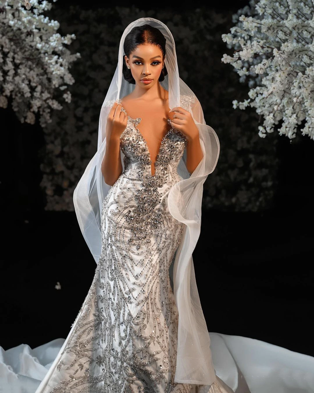 فساتين زفاف مثيرة بحورية البحر فساتين زفاف عميقة على شكل حرف v خرز كريستالي بدون أكمام زينة فستان زفاف رداء De Vestido مخصص #2