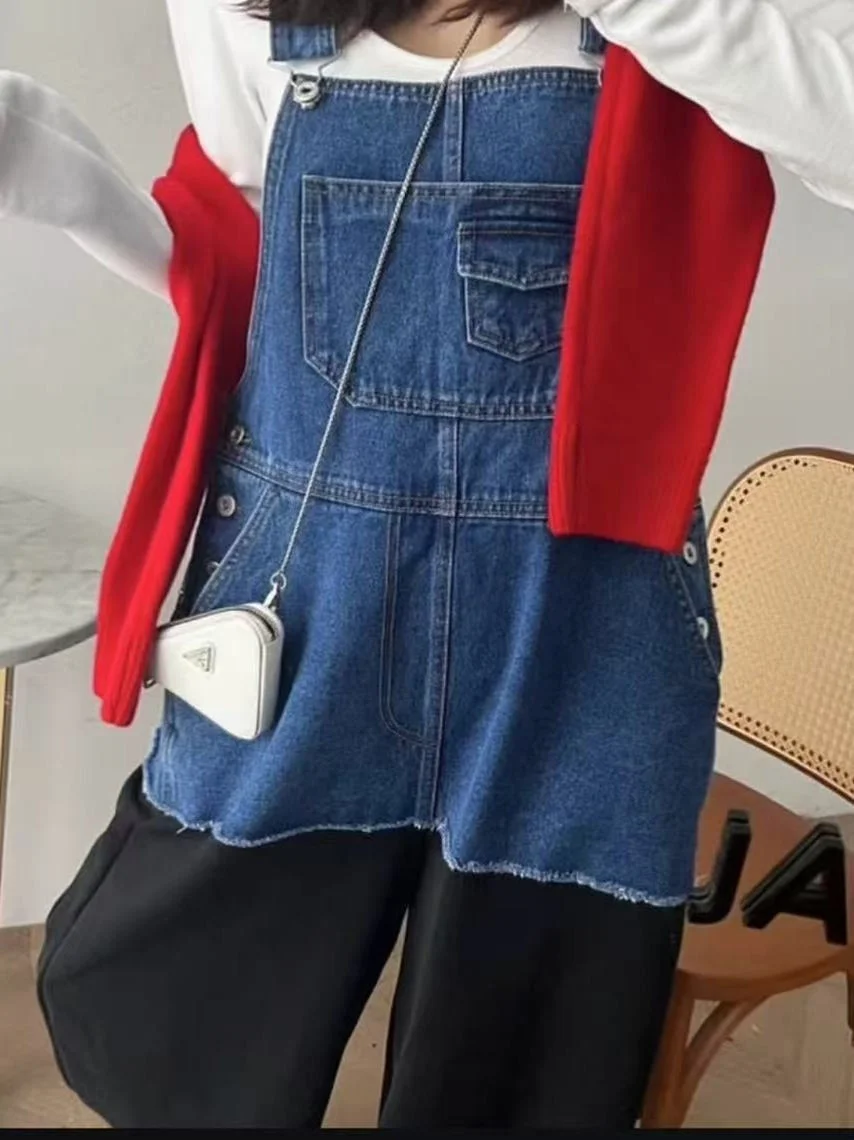 Salopette en Denim couleur Blo pour femmes, pantalon ample à jambes droites, pantalon Long bleu sur le côté, en coton, décontracté