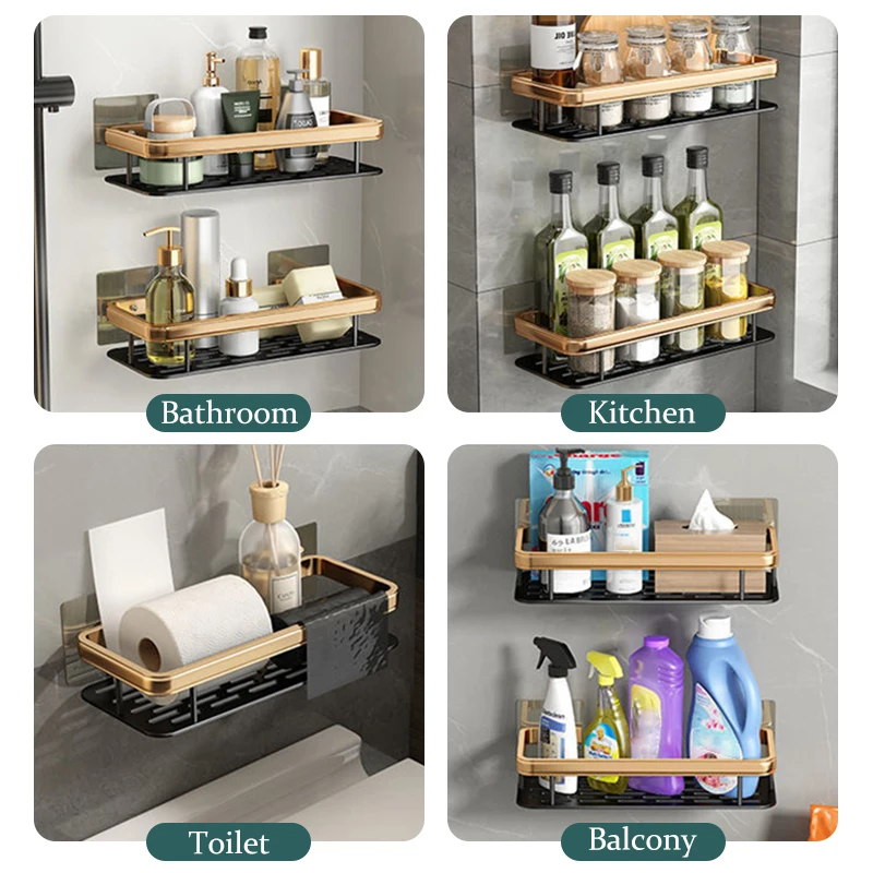 Estante de almacenamiento de champú de aleación de aluminio, organizador de almacenamiento sin taladro, accesorios de baño, estante de pared para cocina e inodoro