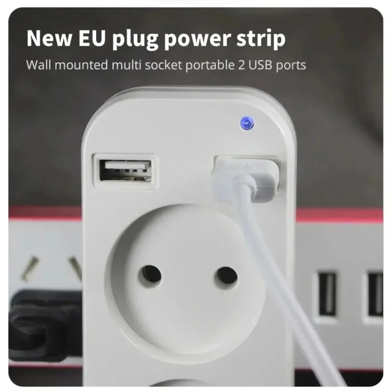 EU Plug Power Strip Wall Socket Adapter, 2 AC Outlets & 2 USB Ports 1200W 250V Portable Charger For Smartphones Tablets
