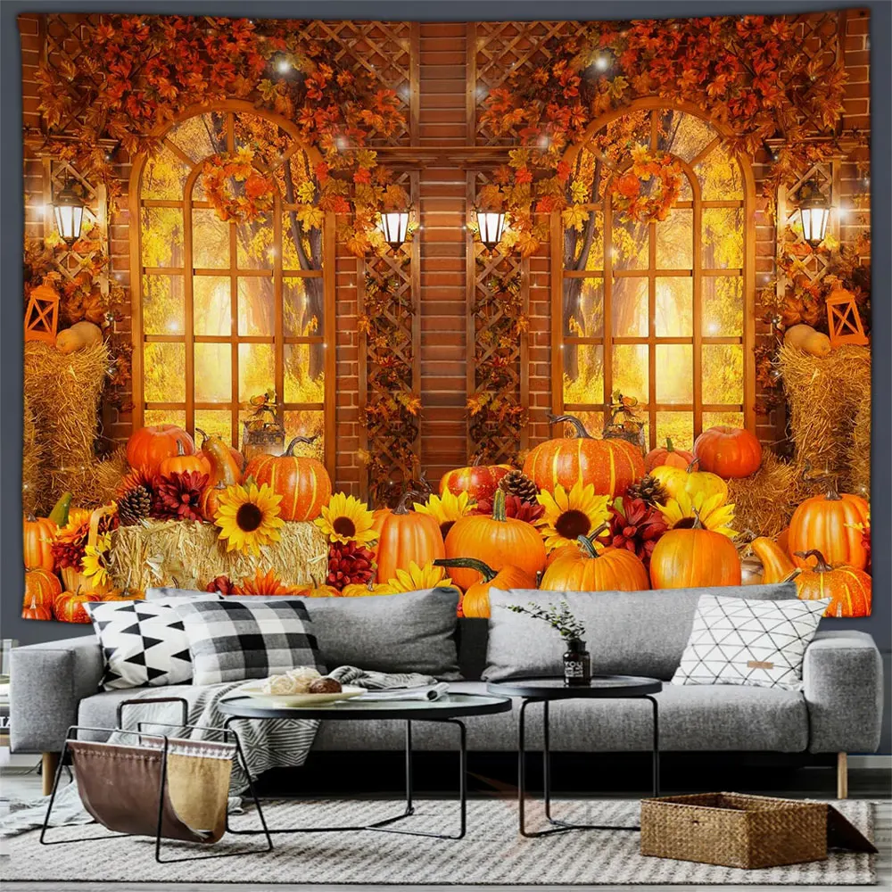 

Fall Tapestry Wall Hanging Rustic Orange Pumpkin Sunflower in Maple Tree Forest Thanksgiving Tapestry Home Holiday Wall Decor