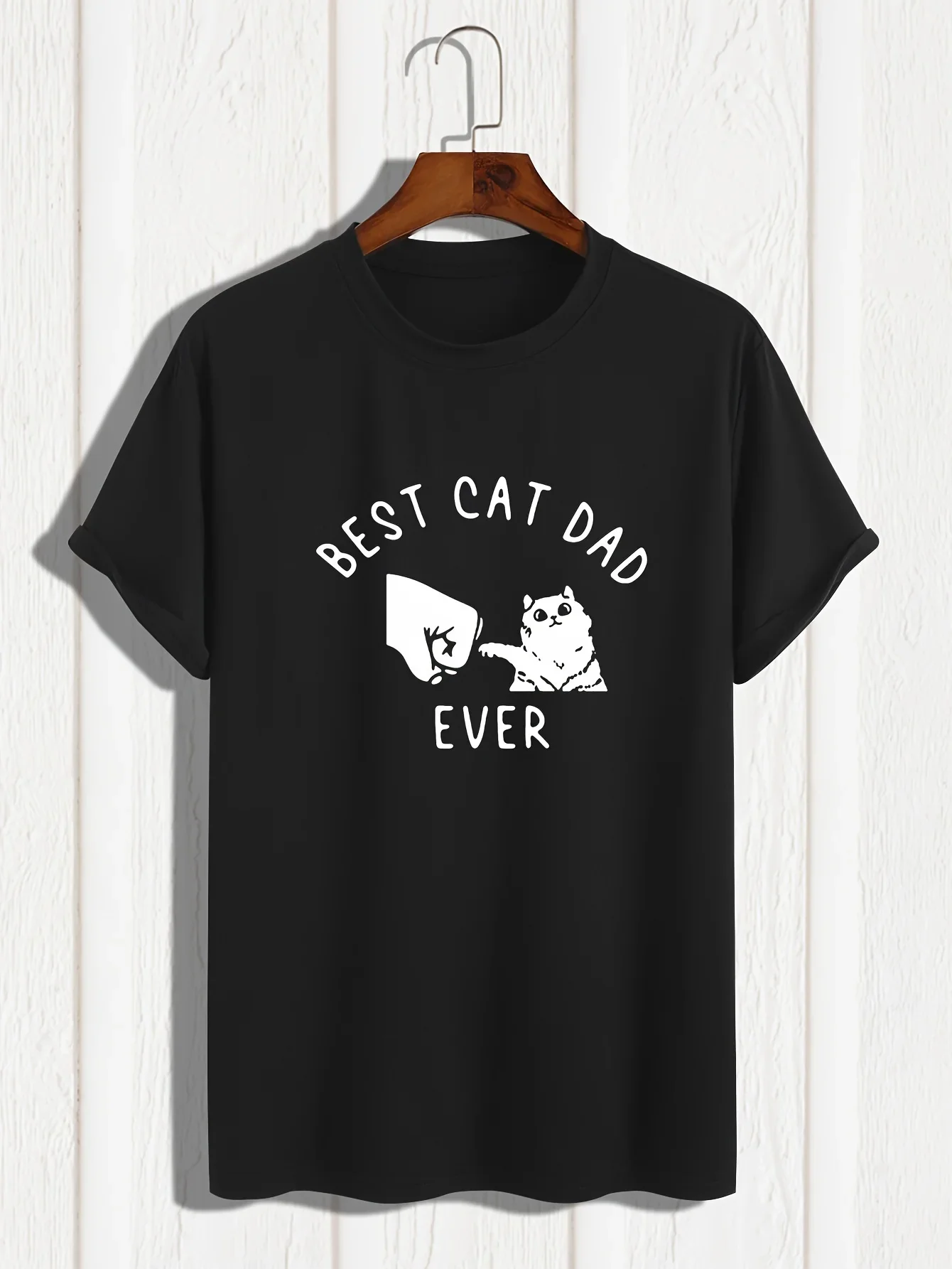 Pop Best Cat Dad Ever Print Women's Trendy Short Sleeve T-shirts, Comfy Casual Breathable Tops For Women's Fitness Training