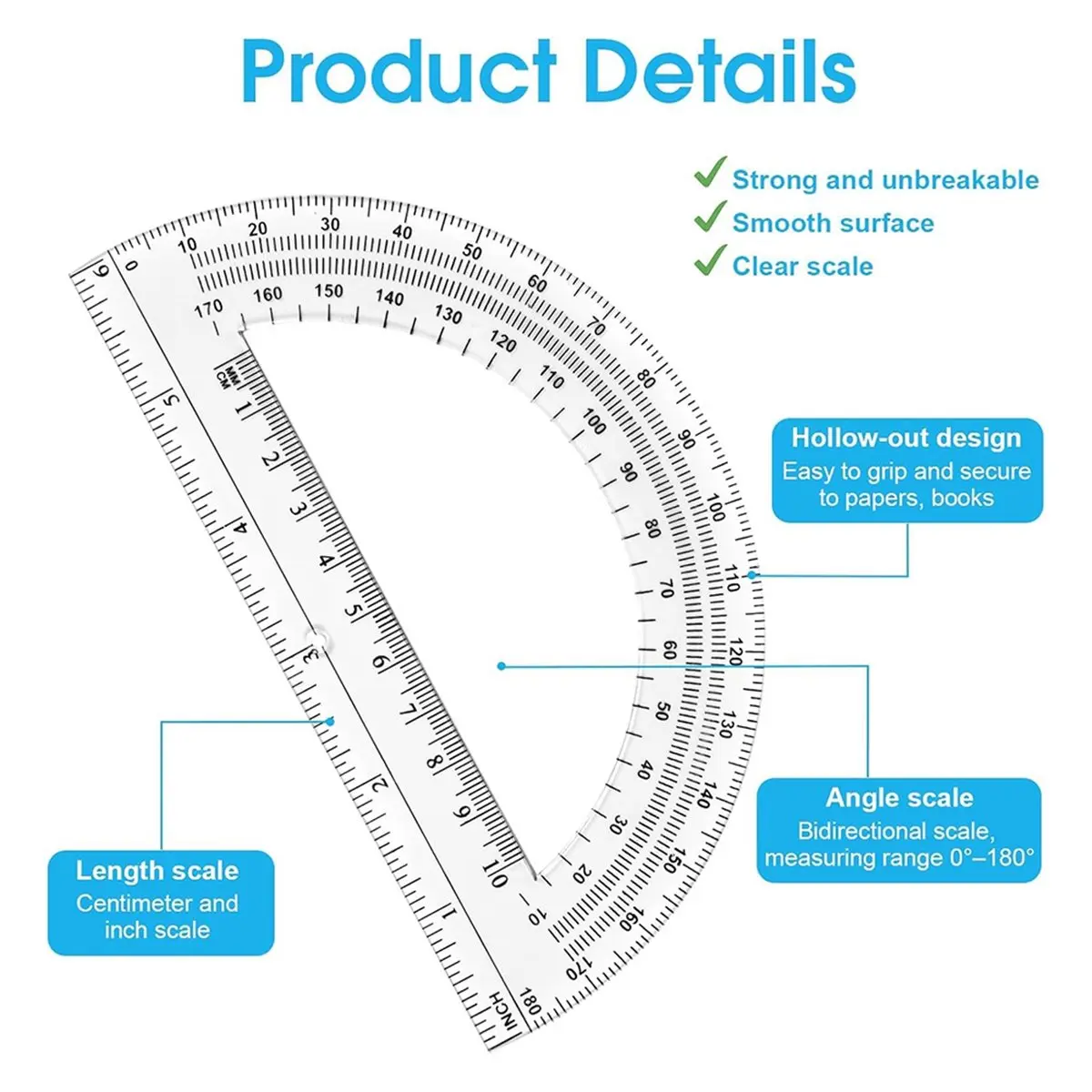 BAAQ 10 Pack Clear Protractor Set, 6 Inch Plastic Geometry Tools, 180 Degree Measurement for School, Office, Classroom