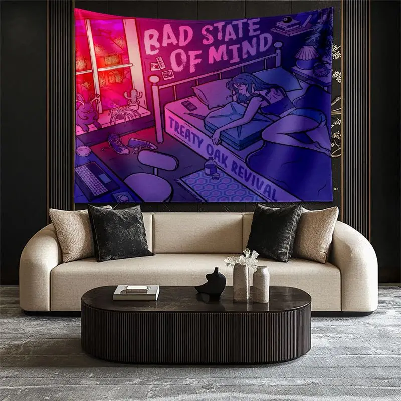 VIKAMA Lofi Anime Girl Bedroom Purple Pink Tapestry Vaporwave Retro Manga Poster Wall Hanging Dorm Aesthetic Room Decor