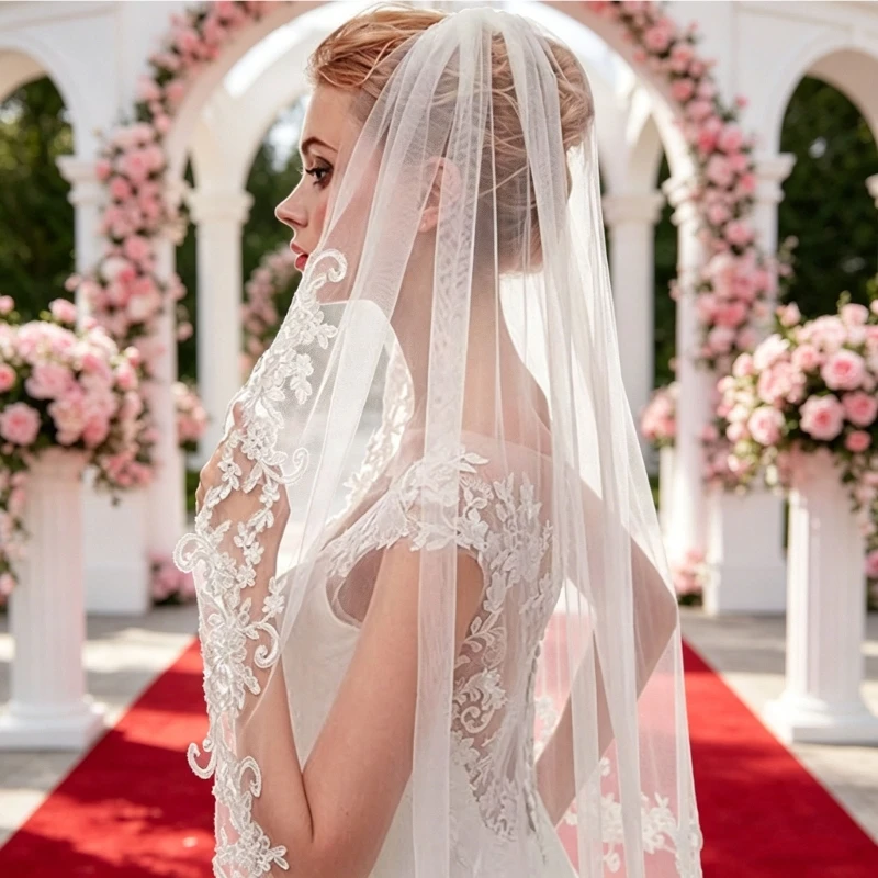 

Elegant Single Layer Lace Bridal Veil with Applique Flower Decors Wedding Bridal Accessory Chapel Church Head Veil LXAD
