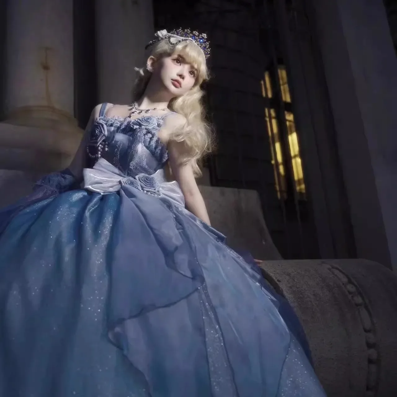 Blue Princess Lolita Long Dress Female Slim Elegant Big Bow Trailing Flower  Wedding Dress Bar Mitzvah Anniversary Fairy Dresses
