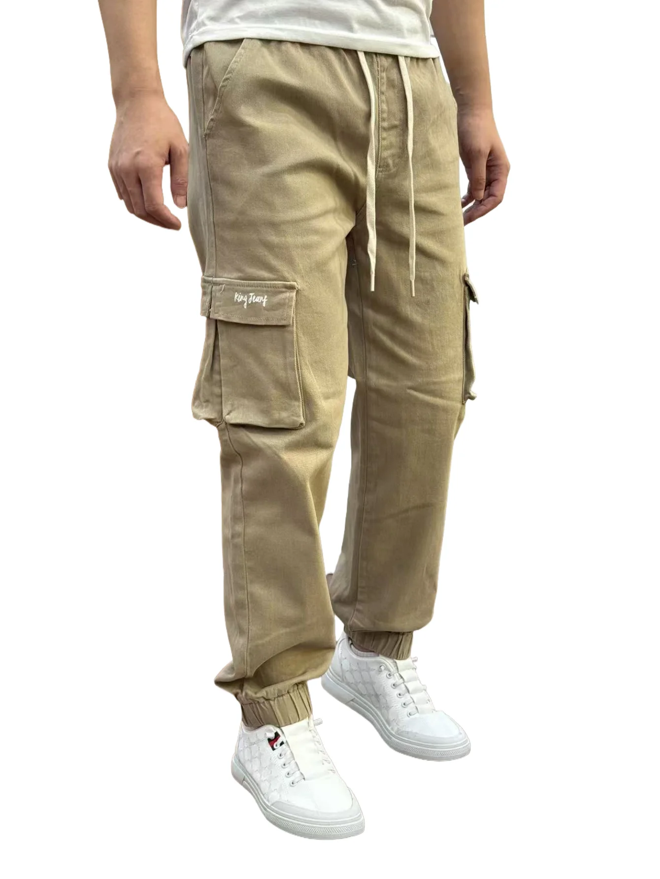 

KING JEANS Мужские брюки цвета хаки с эластичной резинкой на талии Модные модные брюки в стиле хип-хоп с многофункциональными карманами и манжетами