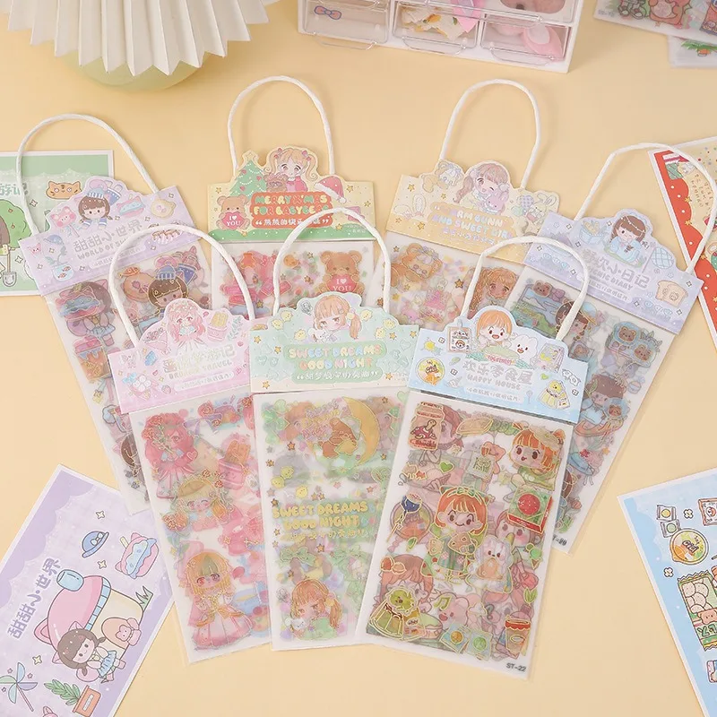 4Stickers/set,Cartoon Tote Bag Packed Hand Account Sticker Set Frosted Sticker Girl Heart Postcard Water Cup Sticker