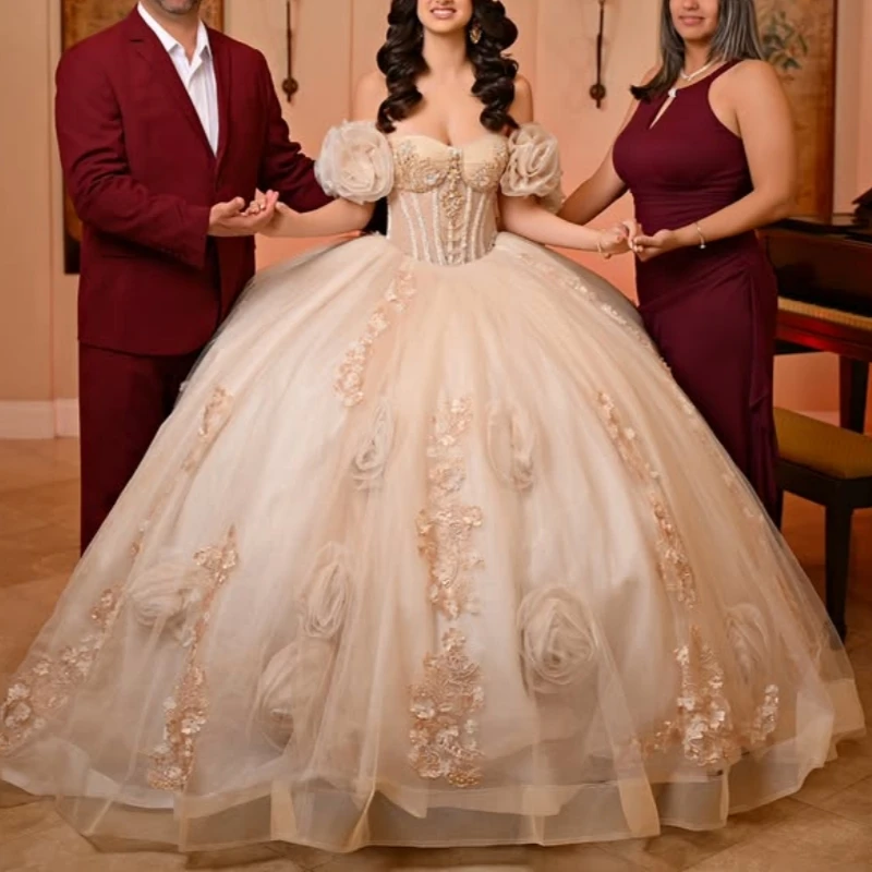 

Блестящие платья Quinceanera цвета шампанского с открытыми плечами и аппликацией из тюля с цветочным принтом и бисером для вечеринки, дня рождения, сладкое платье 16, Vestidos 15 Anos