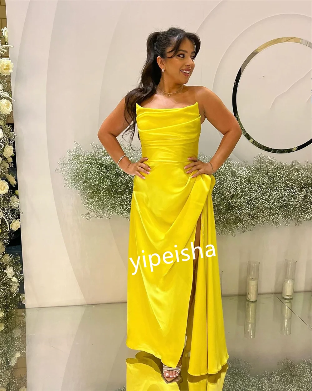 A-Line Strapless Midi Vestido, vestidos plissados formais, vestidos Quinceanera, estilo simples e moderno, tamanhos requintados, alta qualidade