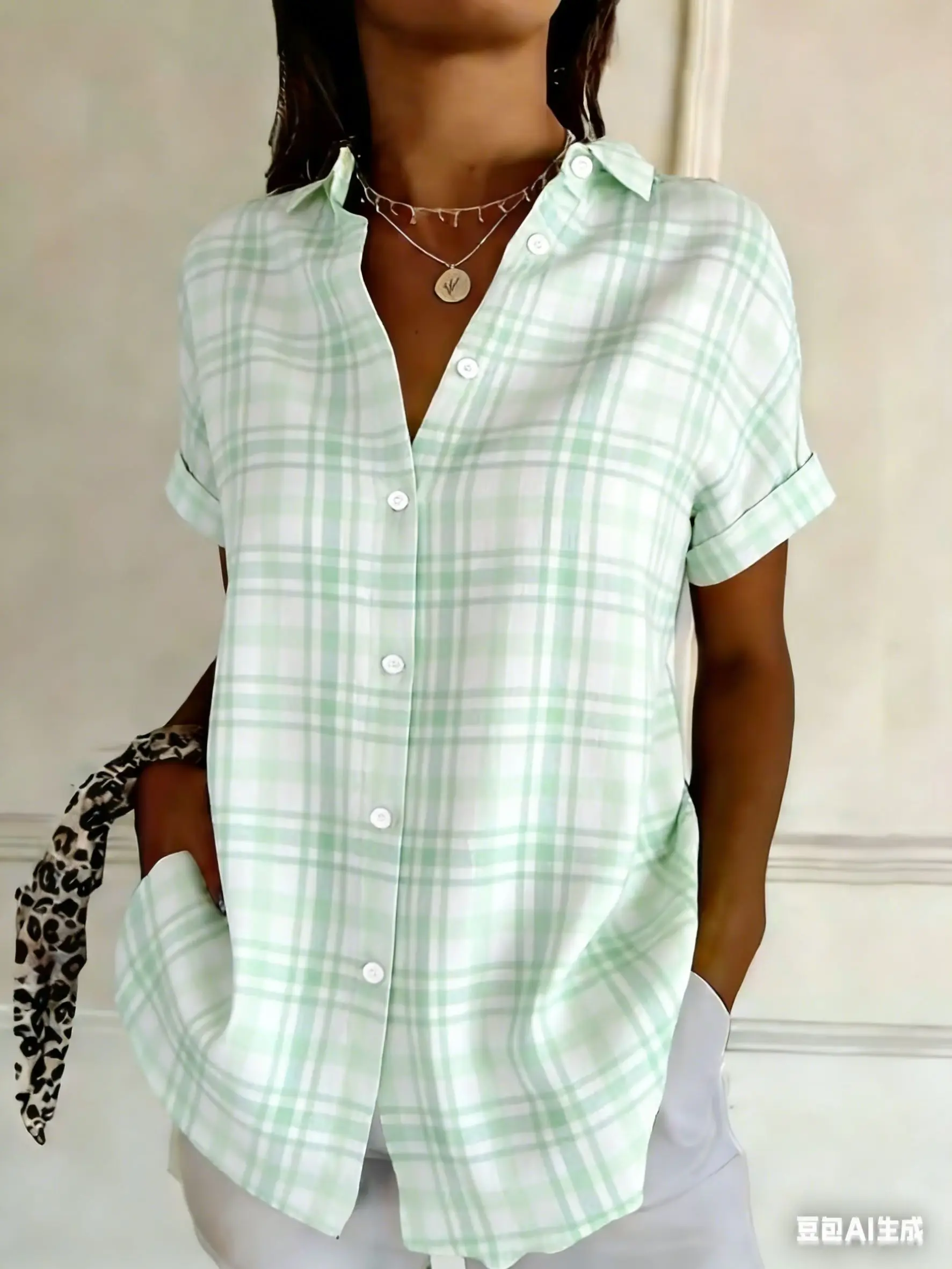 

Women's Light Green & White Plaid Print Button Down Shirt, Casual Collared Tops for Spring Summer Daily Vacation Wear
