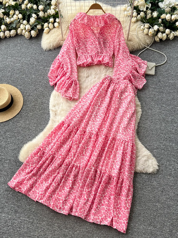 Summer French Vacation Style Chiffon Set Women's Pink Ruffled Flared Sleeves V-neck Shirt Cake Skirt Two-piece Set L15 view 2