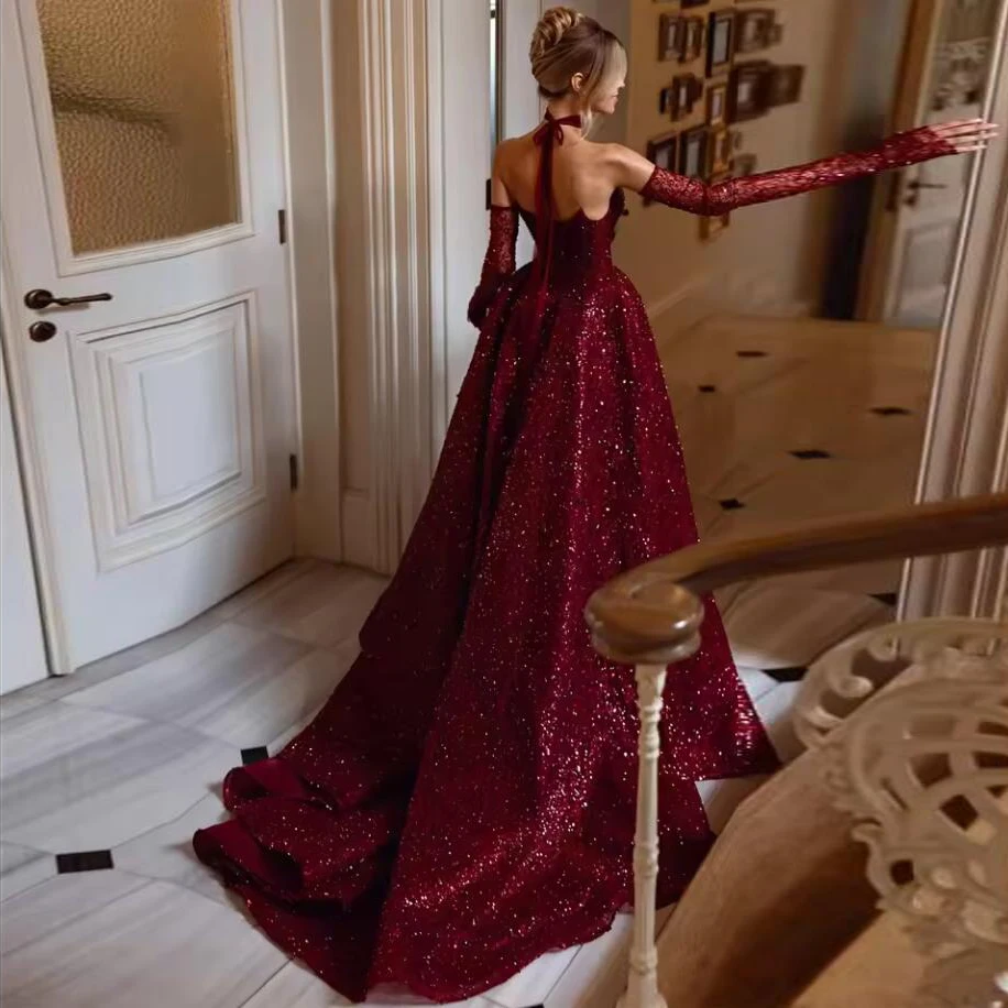 Weinrote Pailletten-Abendkleider für die Braut, rückenfrei, seitlich geteilt, A-Linie, Ballkleider, individuelle formelle Damen-Partykleidung für die Hochzeit