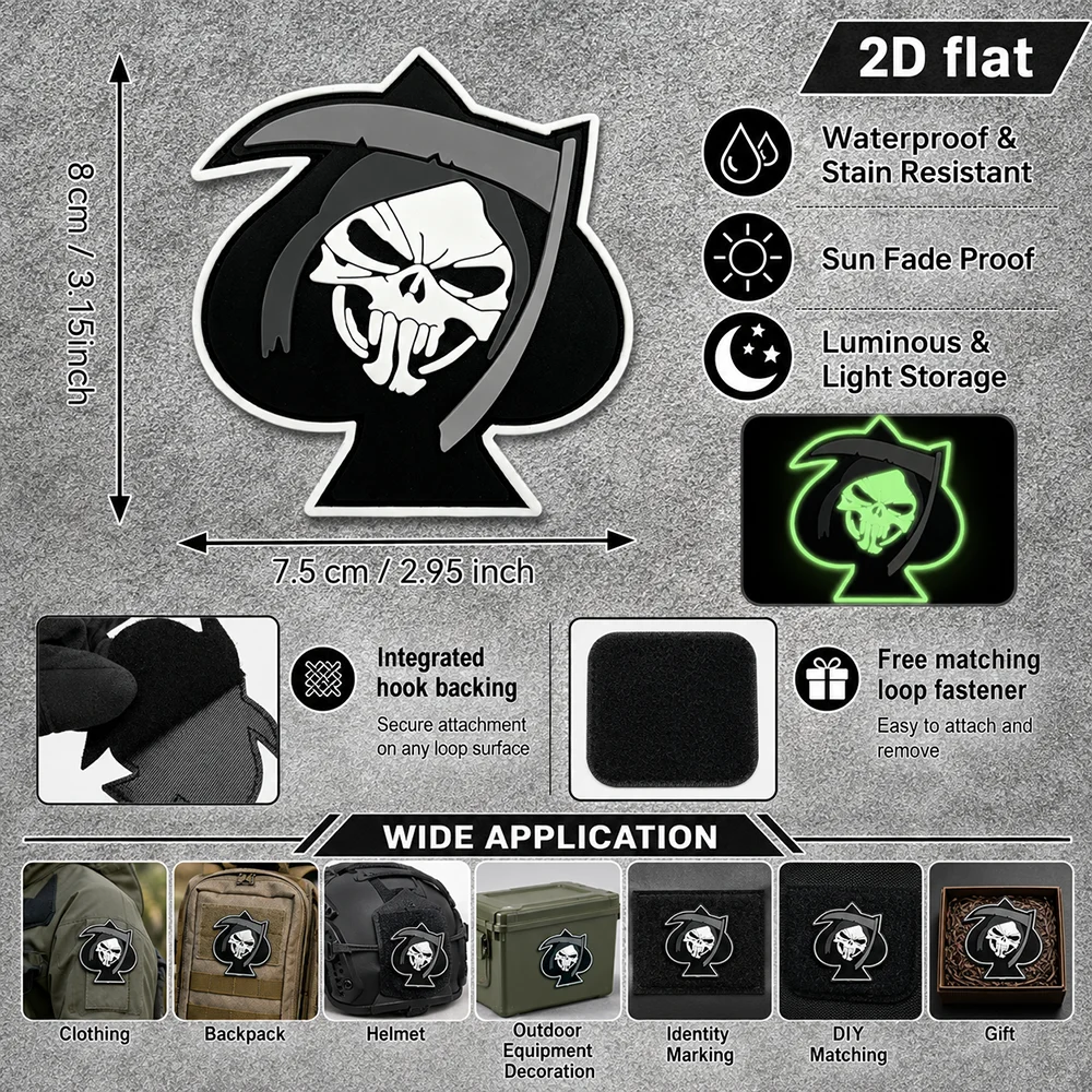 Dark-style black spade skull alien 2D flat PVC material, waterproof and sun-resistant, can be repeatedly attached and removed. Available in 1pc/2pcs/3pcs. Features built-in glow-in-the-dark effect. Optional adhesive patches, comes with a free rough-side tactical vest, functional backpack, and personalized collectible soft rubber badge