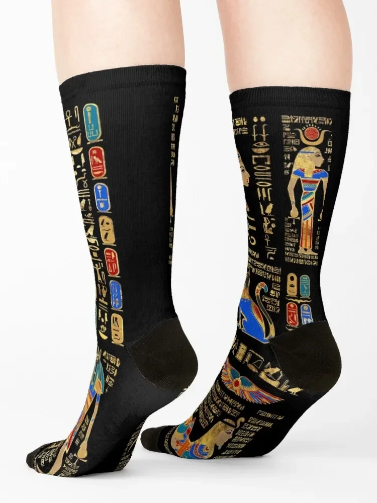 Egyptian hieroglyphs and deities on black Socks loose snow Socks For Man Women\'s