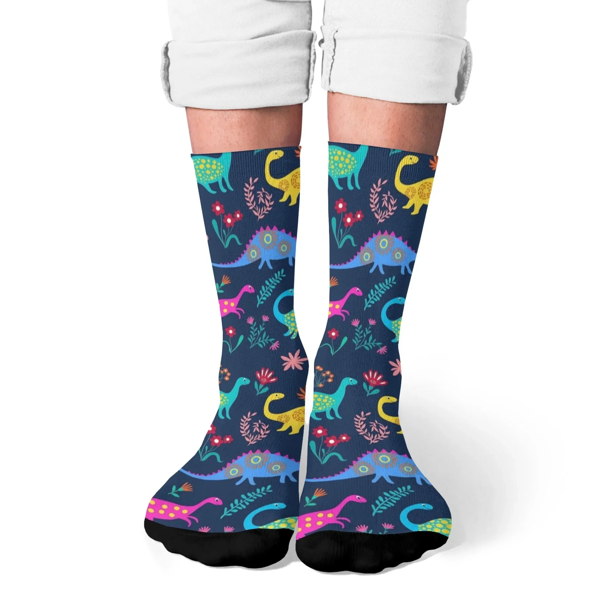 1 Paar Ganzjahres-Crew-Socken, farbiges Dinosaurier-Elemente-Muster aus Polyester, Strumpf für Freizeitsport und Outdoor, Herren und Damen