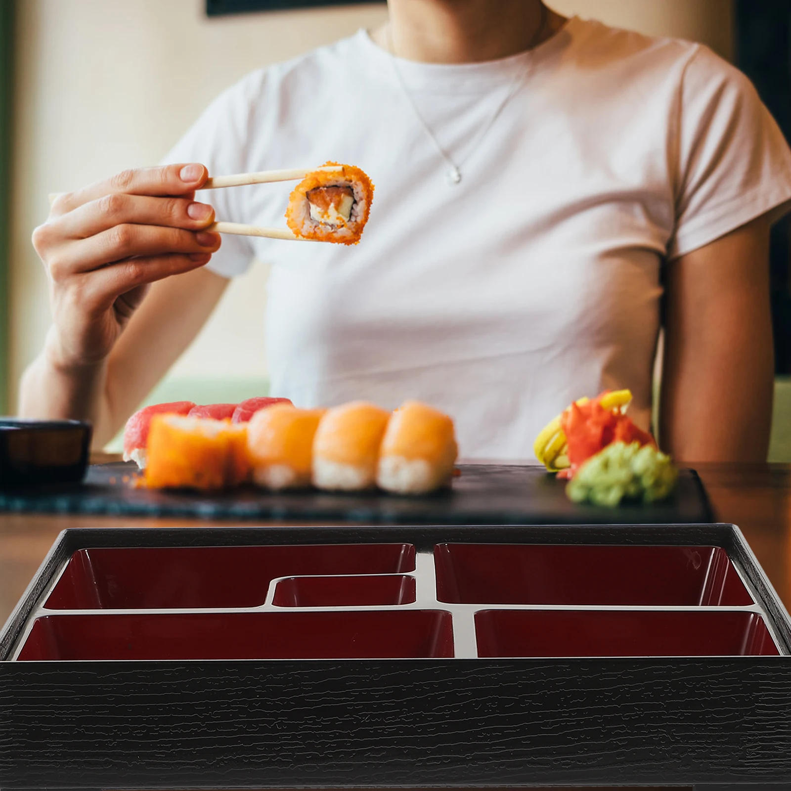 

Lunch Box Bento Containers Sushi Reusable 5 Grids Odorless Easy Clean Portable School Office Travel Black Plastic