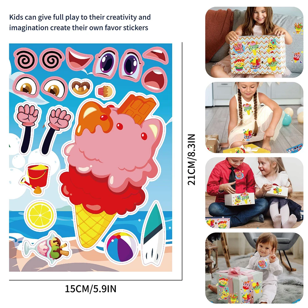 8/16Sheets Cute Cartoon Ice Cream Cake Kids Make a Face Puzzle Stickers Children DIY Assemble Jigsaw Toys Decals Decoration Gift