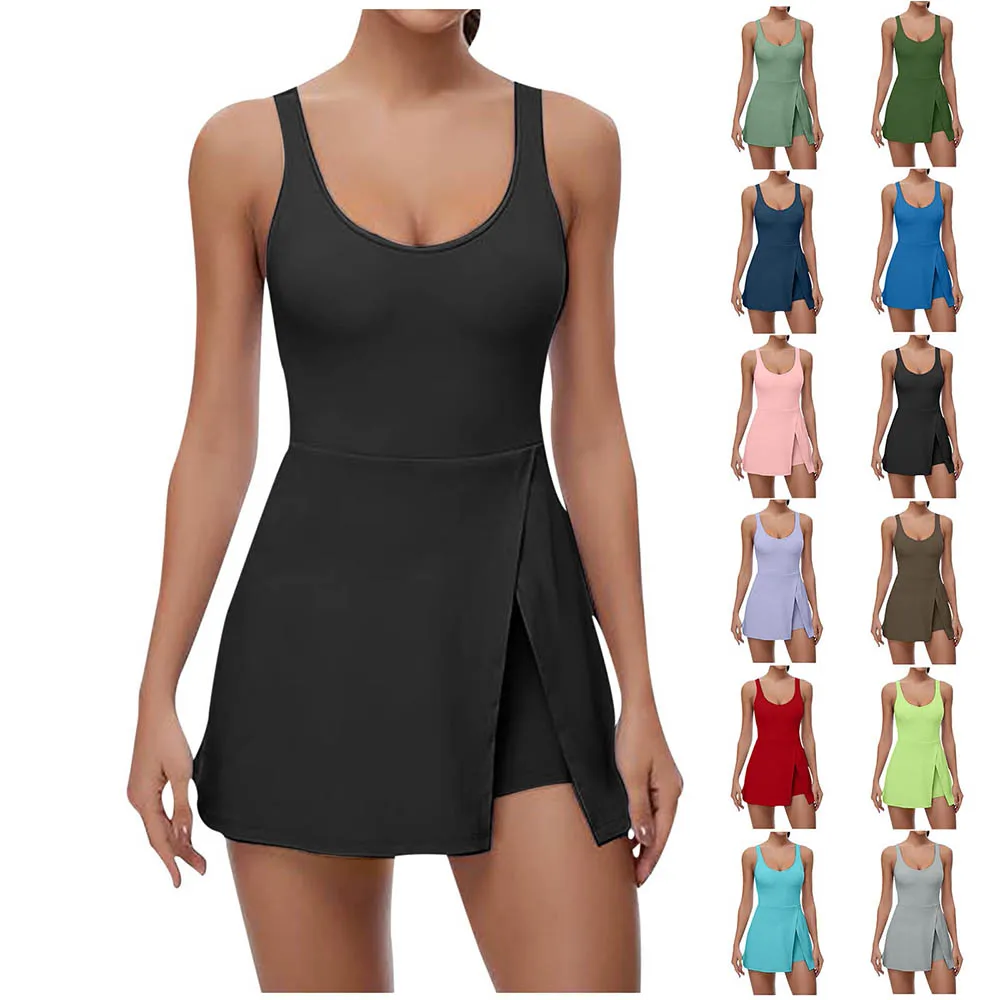 Tennis Dresses For Women Simple Classic Solid U Neck Athletic Mini Dress With Built In Shorts And Bra Side Slit Fitting Dress