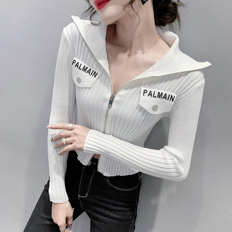 Y2K Slim Chic Turtleneck Sweatshirt Cardigan Streetwear Zipper Tops Casual Letter Print Gothic Outfits