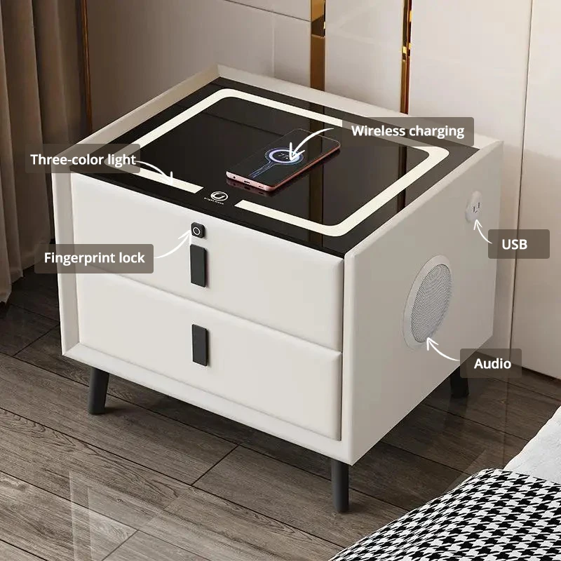 Smart bedside table, light luxury for small households, wireless charging, USB（No audio and fingerprint unlock.）