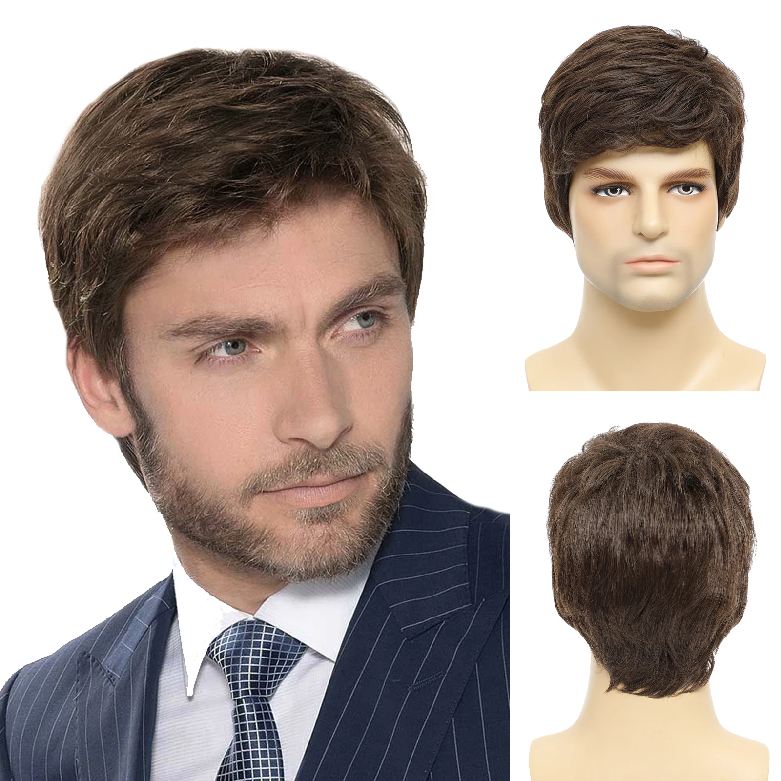 

BCHR Men's Wigs Short Mens Brown Wig Layered Natural Hair Costume Halloween Heat Resistant Synthetic Wigs for Men Male