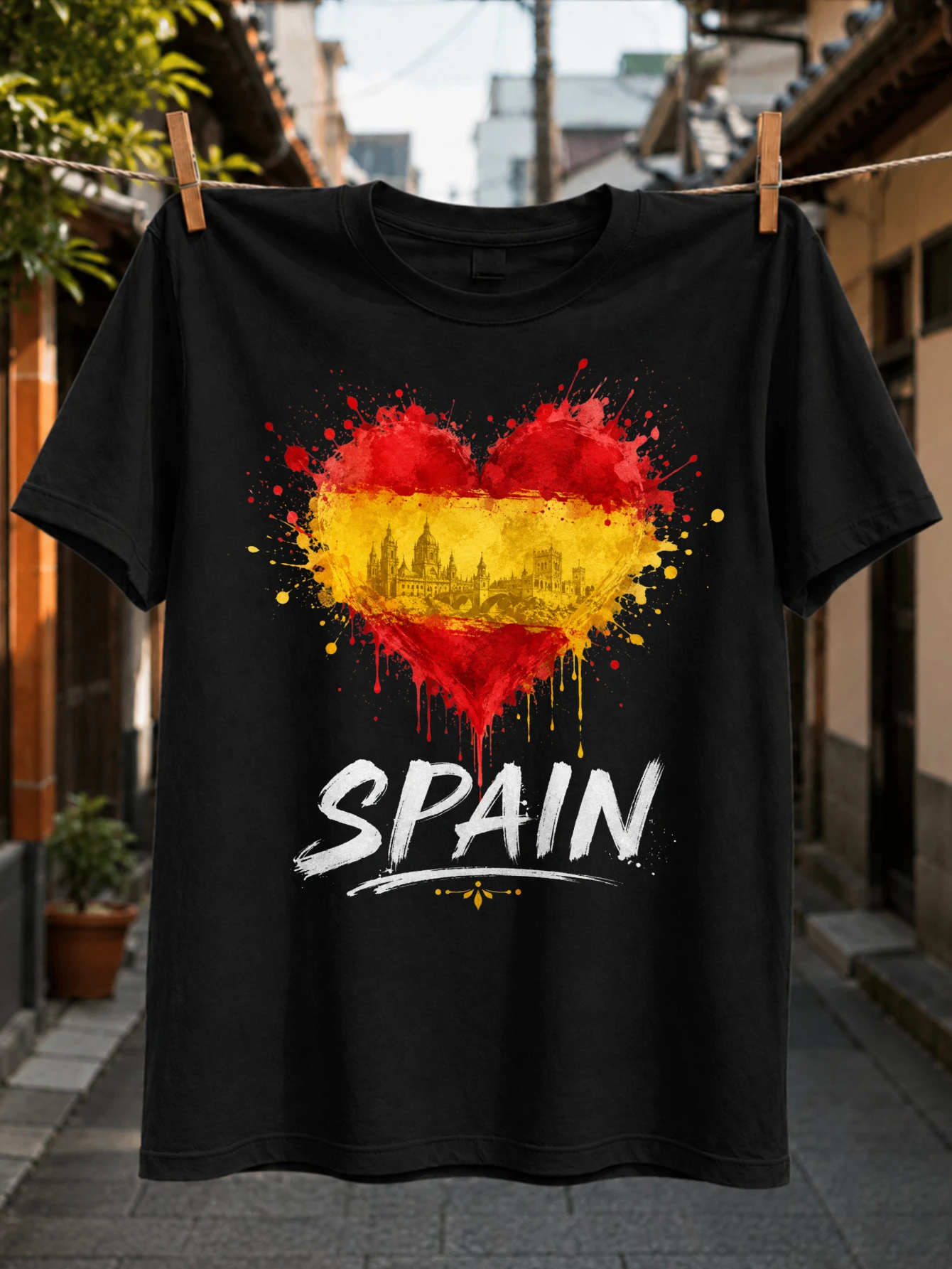 T-shirt unisexe avec motif de l'horizon de l'Espagne, drapeau rouge et jaune, éclaboussures de peinture, silhouette de ville historique et lettrage audacieux