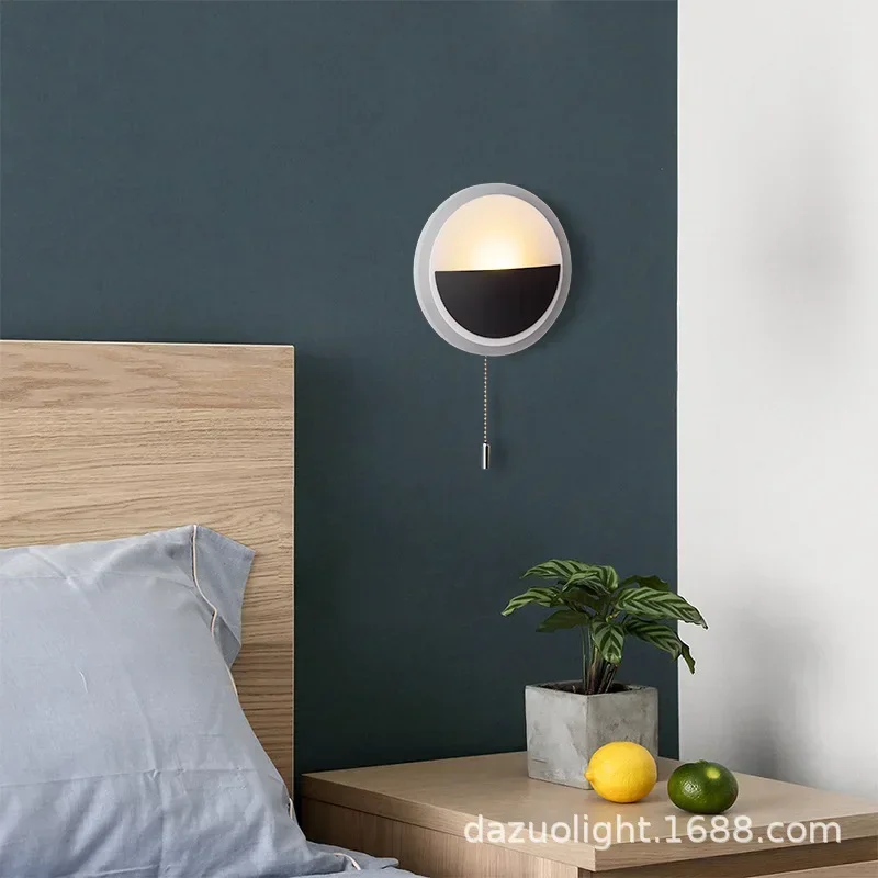 

Minimalist Round LED Bedside Wall Lamp Acrylic Backlight Sconce for Bedroom Study with Wire Switch
