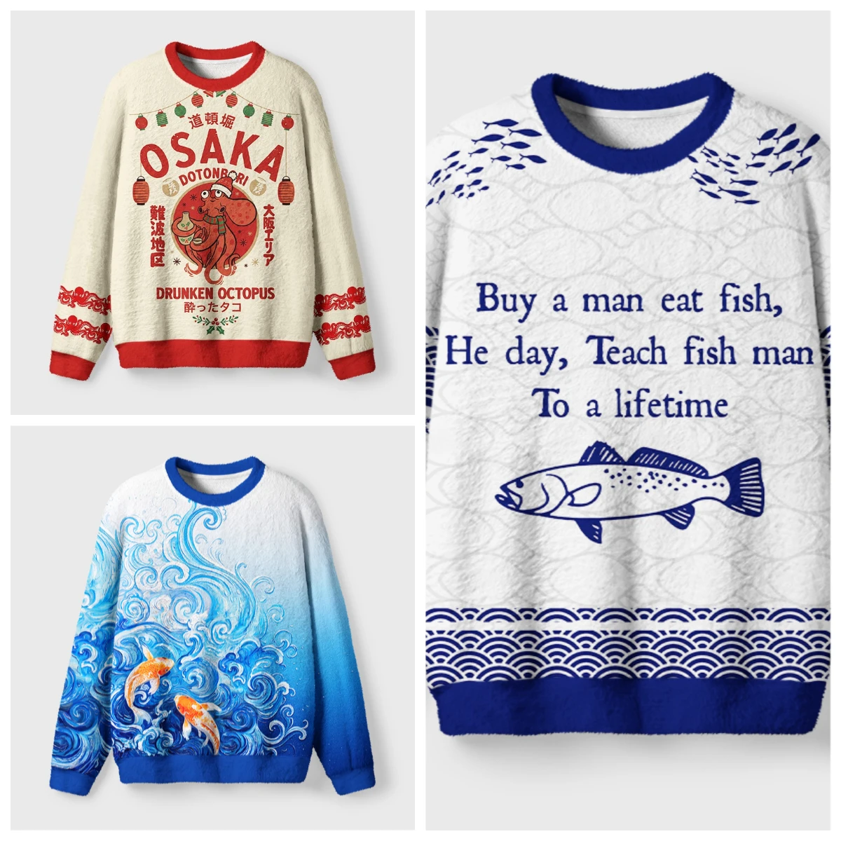 Japanese Osaka Drunken Octopus Christmas Ugly Sweater Children Adult Couple Family 3D Printed Round Neck Holiday Party Hoodie