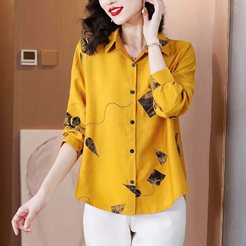 Casual Geometric Printed Loose Blouse Commute 2023 Spring Autumn Single-breasted Female Clothing Long Sleeve Stylish Lapel Shirt