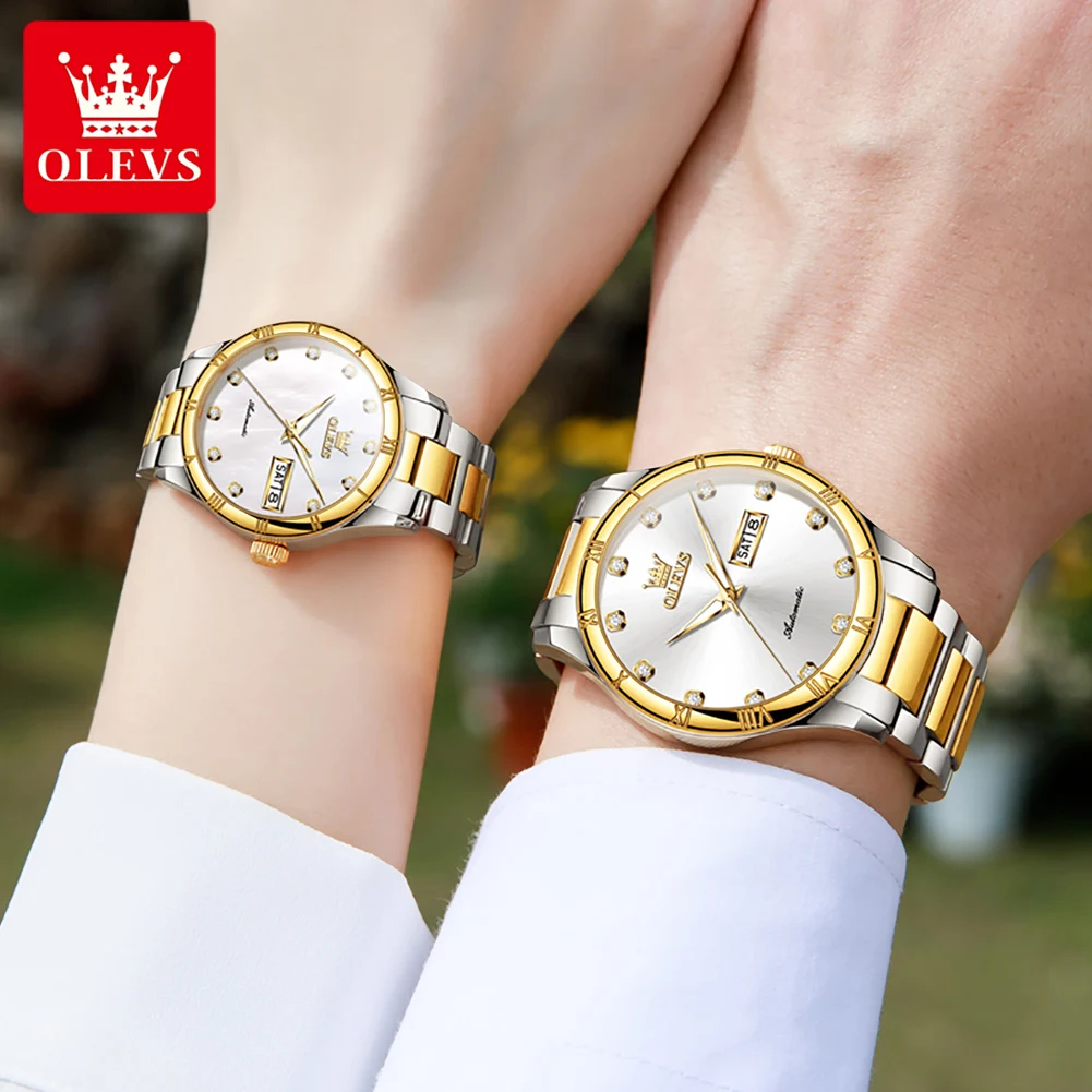 OLEVS-Relógio Casal Diamante Impermeável para Homens e Mulheres, Relógio Mecânico Automático, Calendário Empresarial, Marca de Luxo, 7030