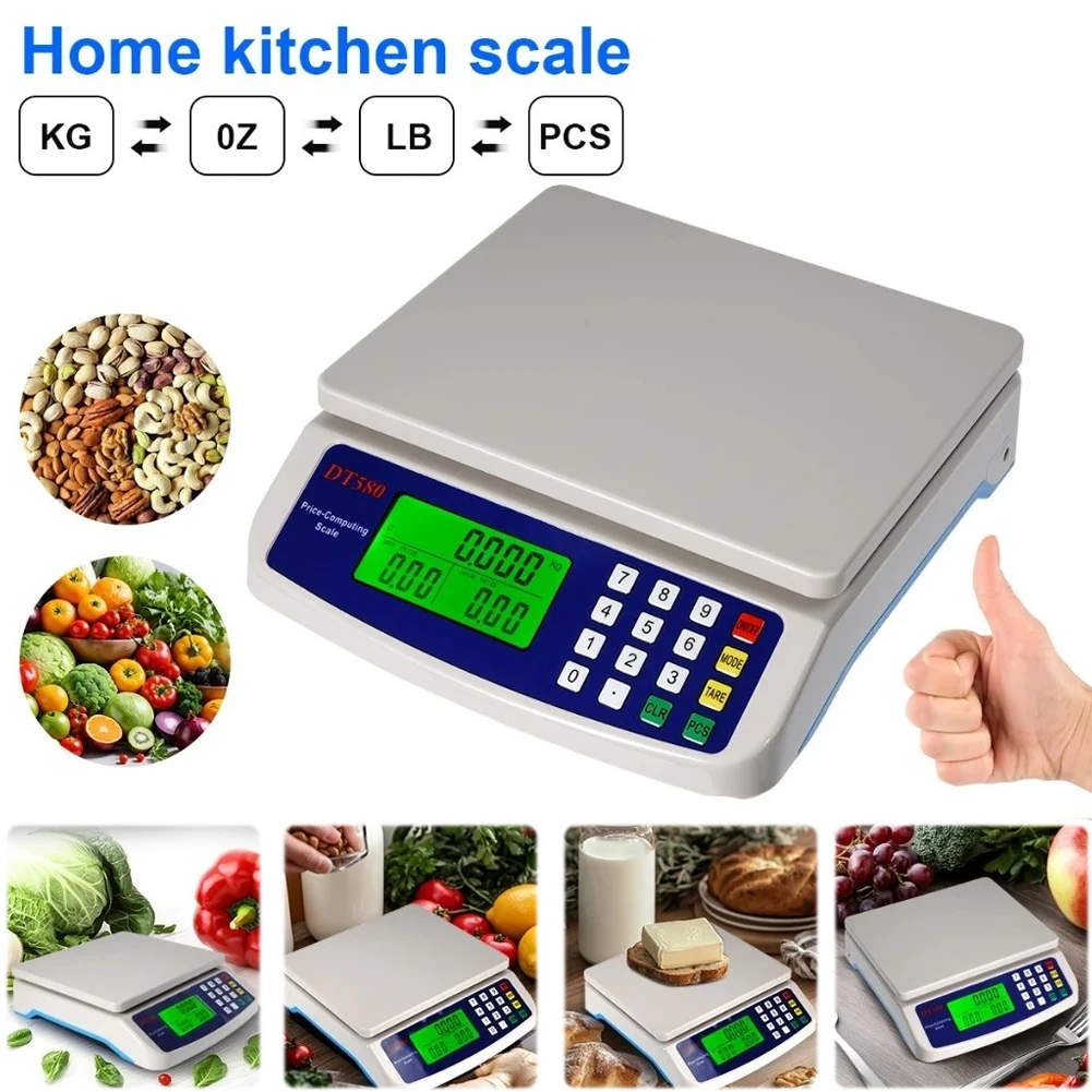40kg/1g Commercial Food Scale LCD Display Price Computing Scale Multi-Function Stainless Steel Counting Scale for Baking Cooking