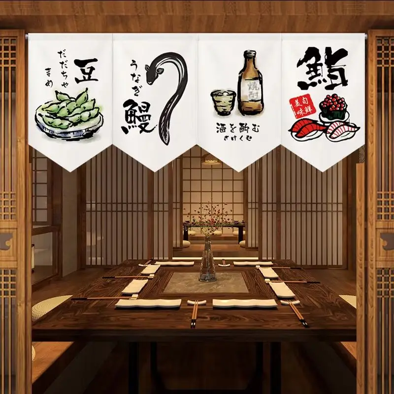 VIKAMA Single Magic Tape Triangular Valance Izakaya Food Print No Punch Japanese Restaurant Kitchen Window Blind Decor
