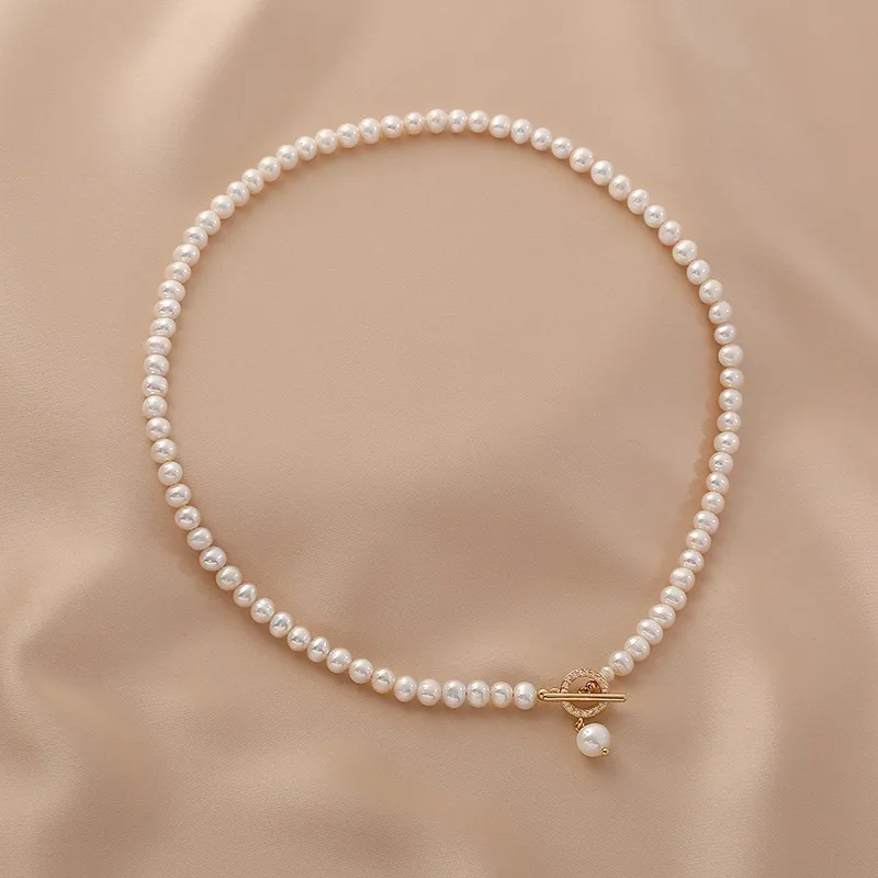 Minar French Irregular Freshwater Pearl Toggle Clasp Circle Beaded Necklace for Women Female Real Gold Plating Copper Chokers