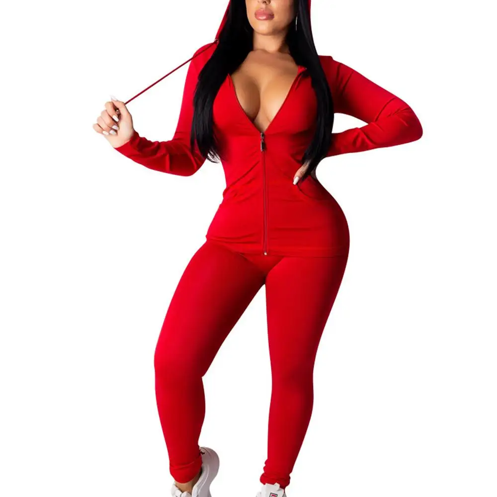 Senhoras 2 peça calça agasalho jogging fitness workout cor sólida faixa define hoodies moletom roupas para mulher