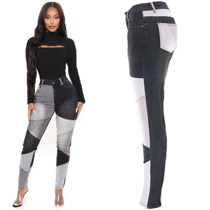 Plus Size Women's Jeans High Waist Denim Pants Patchwork Slim Fit Full Length Black And Grey Skinny Jeans with Contrast Woman